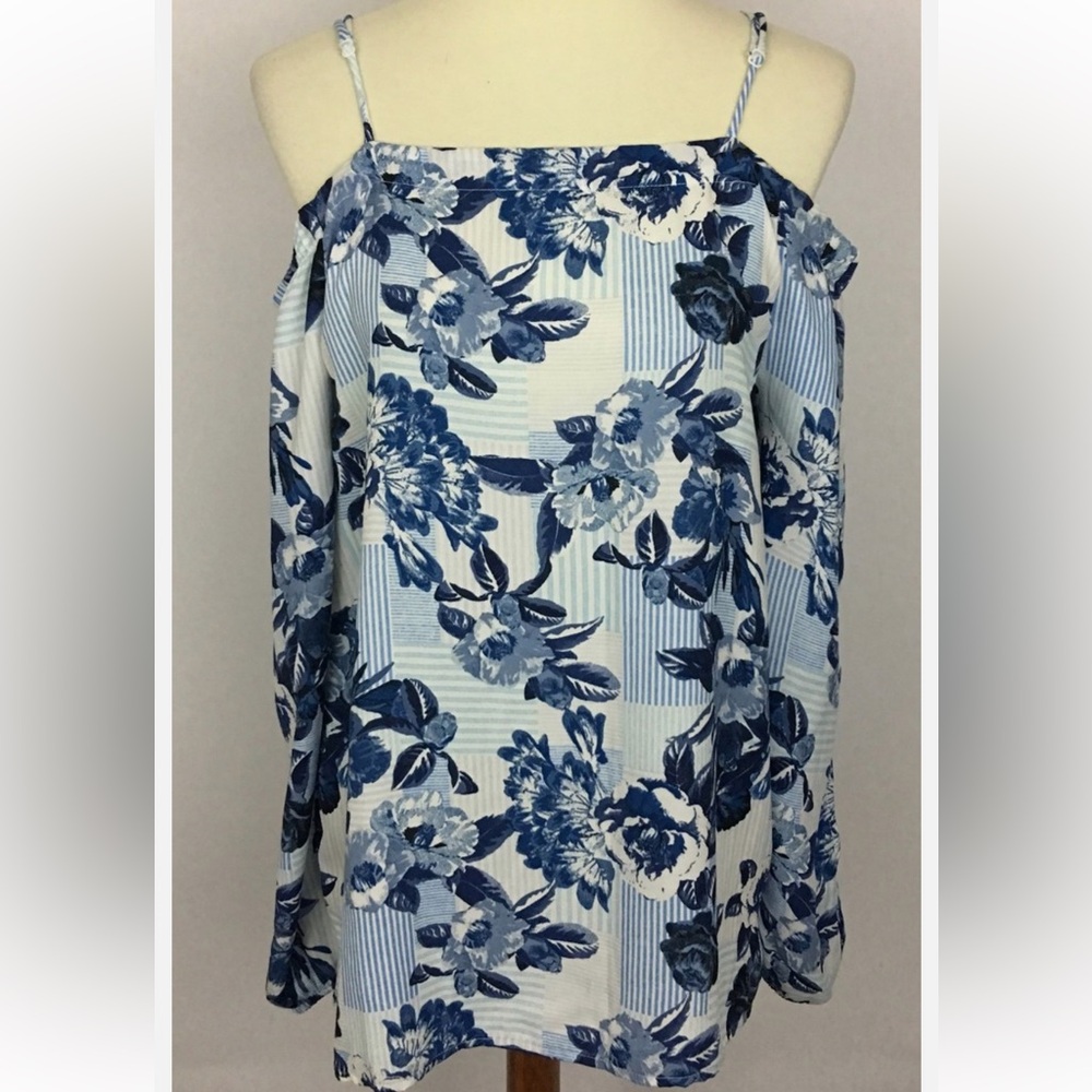 Pleione Blue and White Off The Shoulder Blouse With Straps